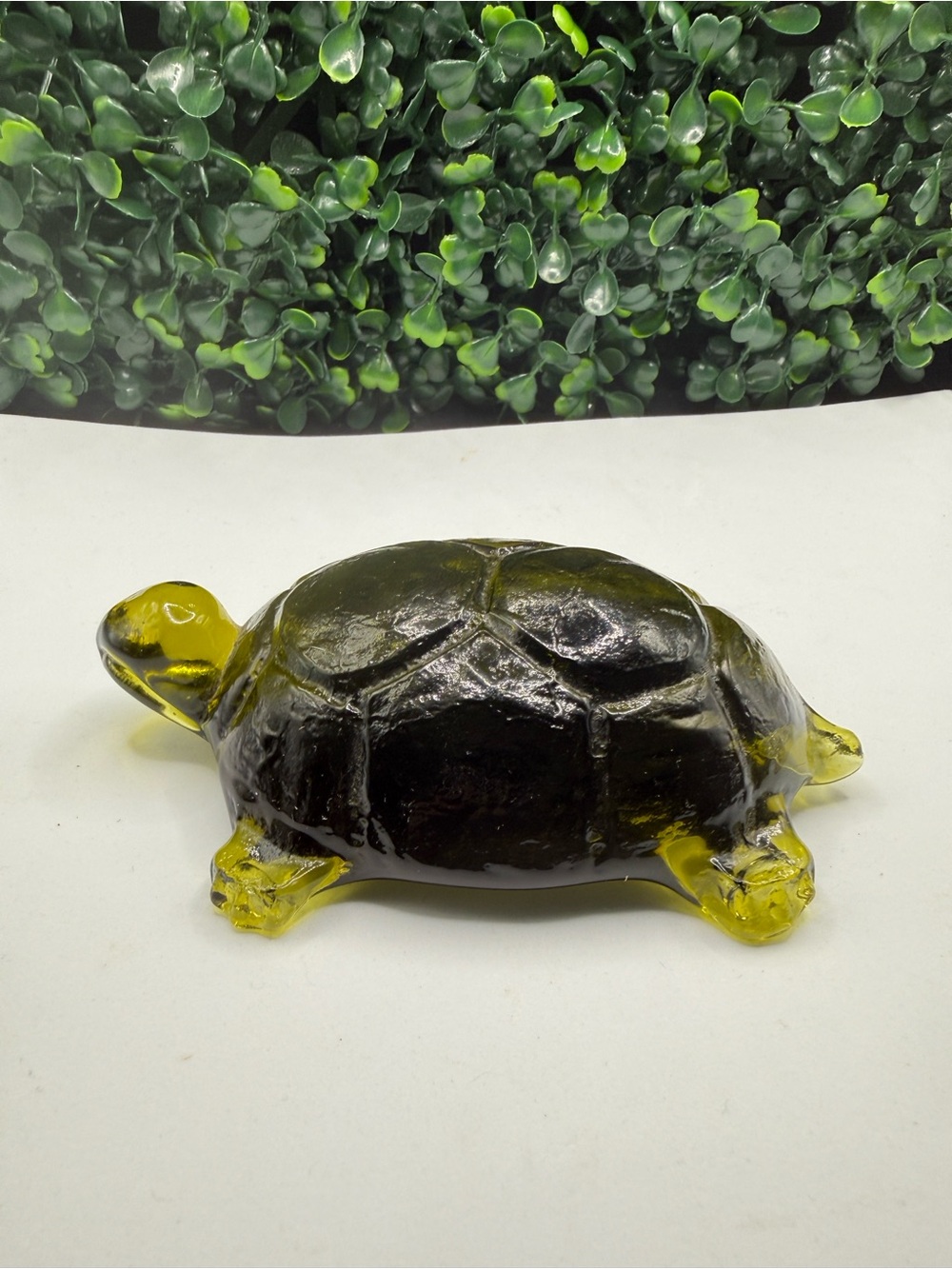 Vintage Mid-Century Pilgrim Glass Olive Green Turtle Paperweight